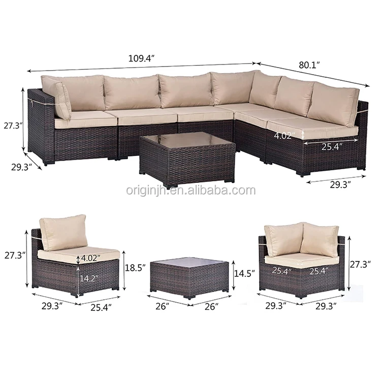 Wholesale outdoor patio tempered glass top table furniture modular sectional kd synthetic pe rattan wicker sofa set 7 seater