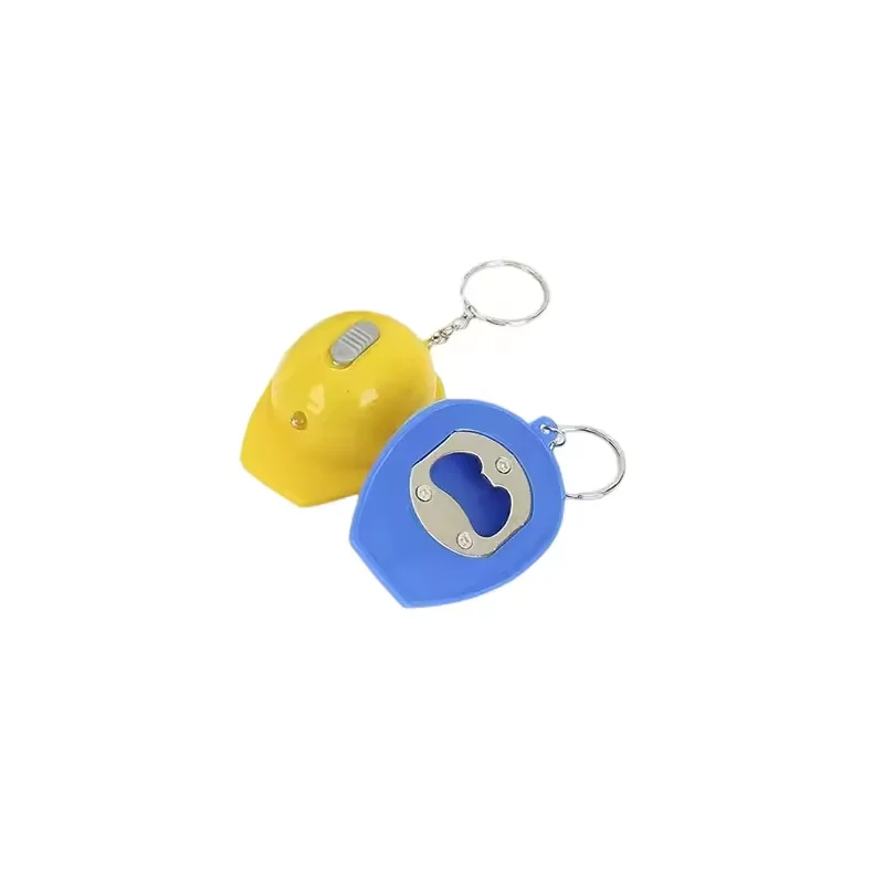Custom Logo Helpmet Beer Bottle Opener Promotional Plastic Safety Helmet Bottle Opener Keychain With Led Flashlight