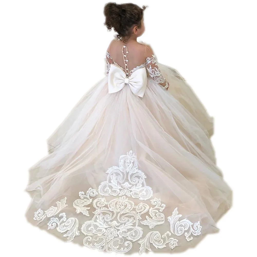 Popular Custom Made Wedding Applique Long Lace Tulle Tail Princess Children Gowns Flower Girl Dresses
