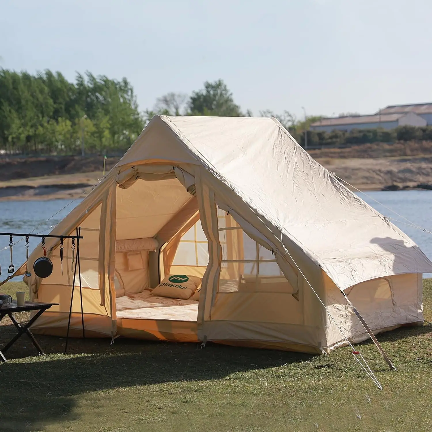 Inflatable 4 Season Waterproof Windproof Glamping Tent Luxury Cabin Mesh Windows Doors Easy Setup Outdoor Blow Camping Tent Pump