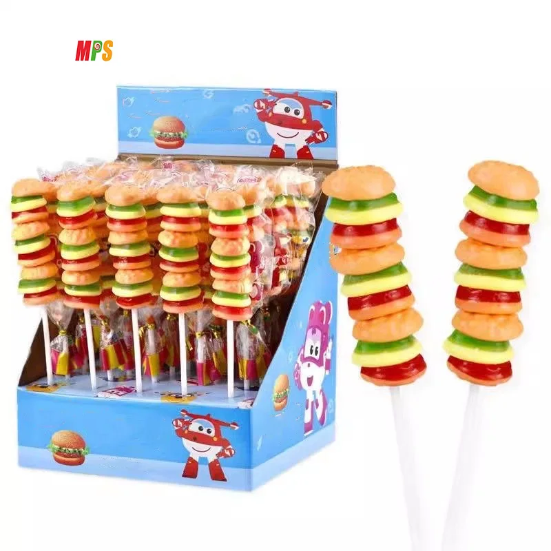 Wholesale Mixed Fruit Burger Gummy with HACCP/BRC Certificate Hamburger Gummy Jelly Pop Candy Lollipop