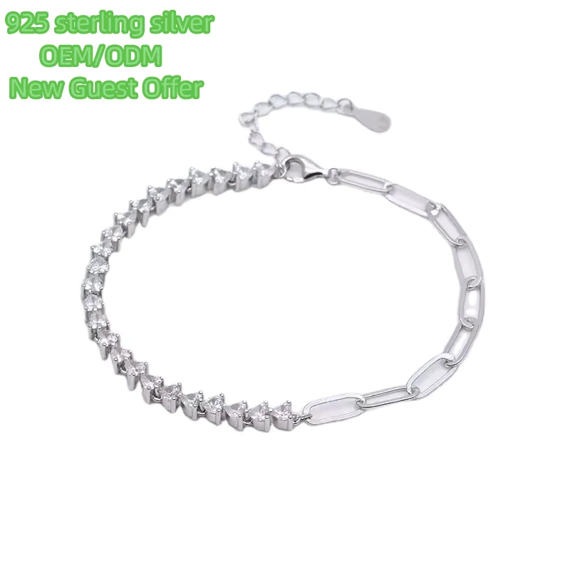 Hot selling sterling silver bracelet wholesale montage heart CZ paper clip chain 925
