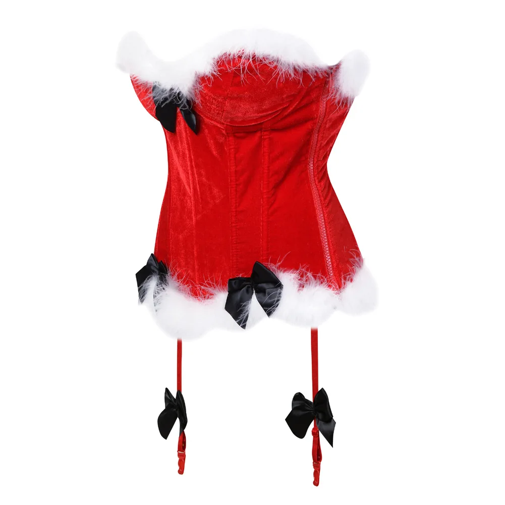 Factory Wholesale Sexy Club Party Court Tunic Feather Plush Christmas Red Clothes Ball Bow Corset Bra Women Lingerie Bustier
