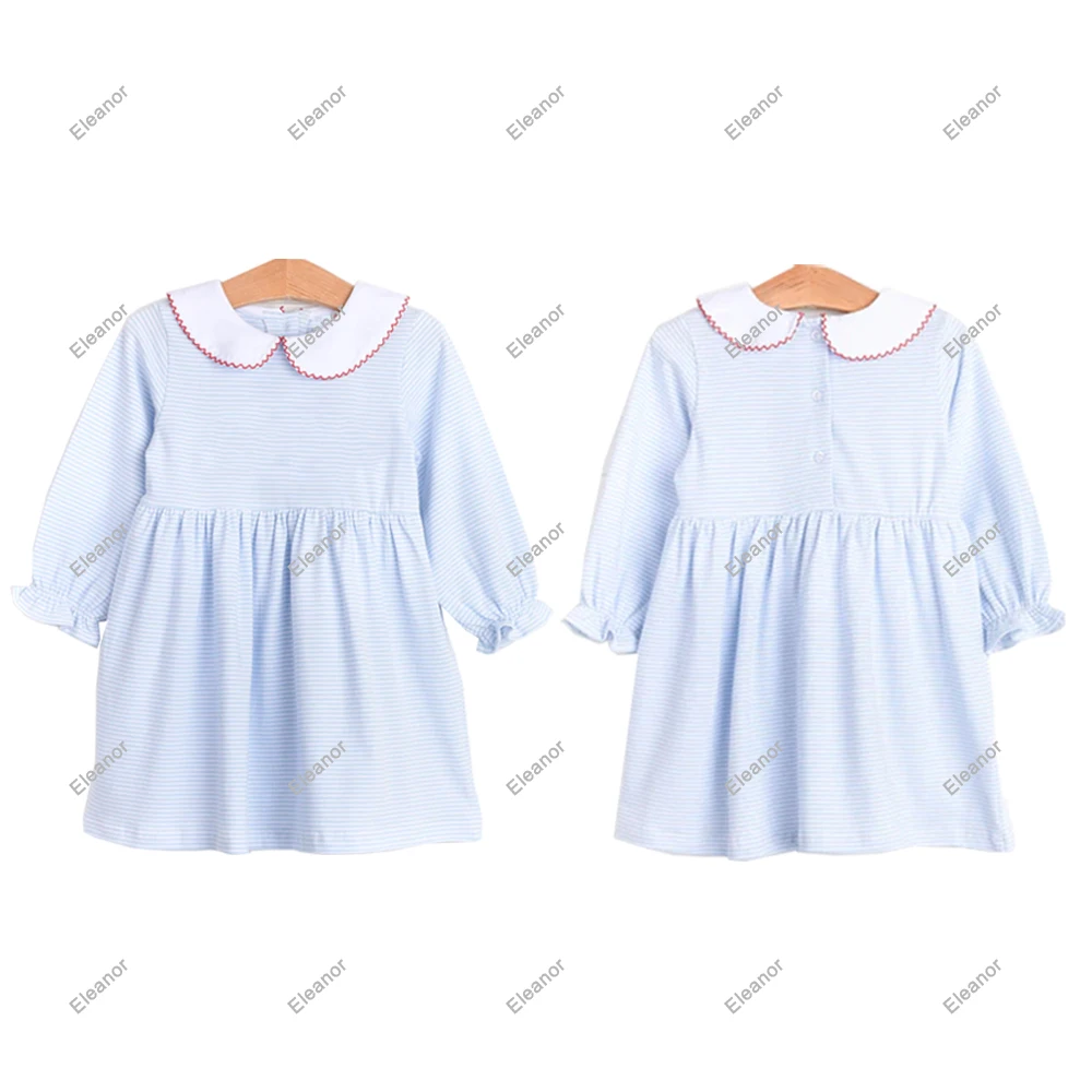 Boutique light blue stripe knitting children girls dresses long sleeve collared picot trim toddler cotton dress for kids
