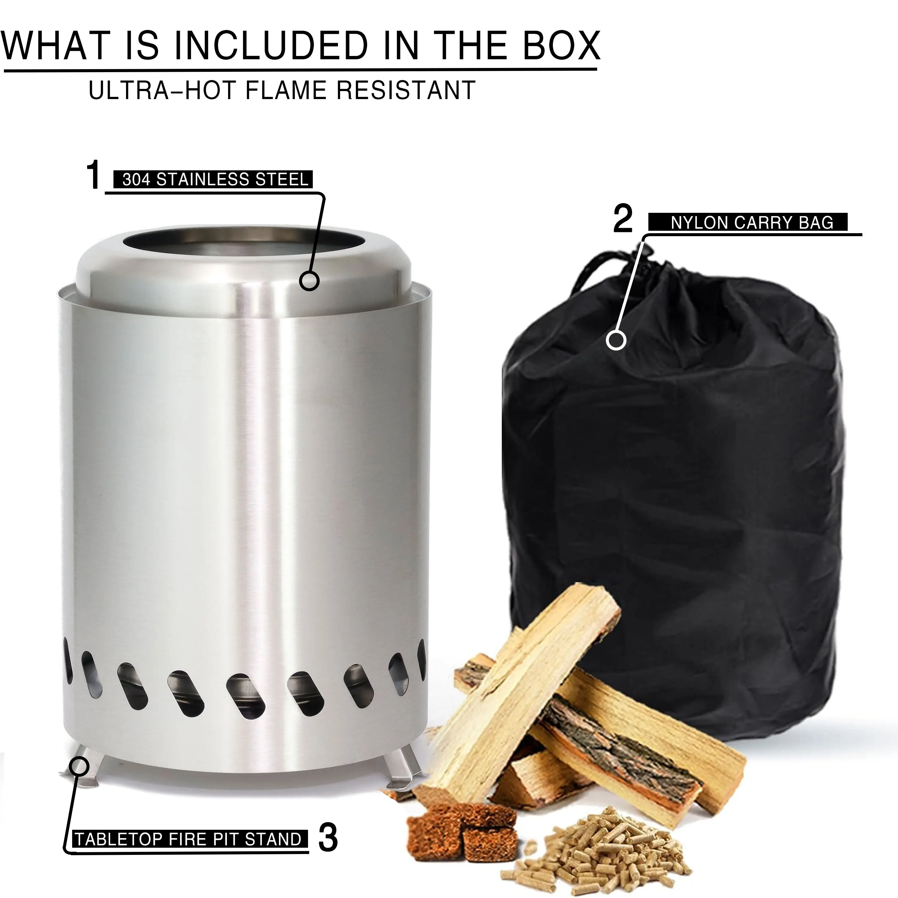 5' Painted Stainless Steel 304 Tabletop Fire Pit Outdoor Camping  Portable Wood Burning Heater Garden Patio BBQ  Barrel Stove