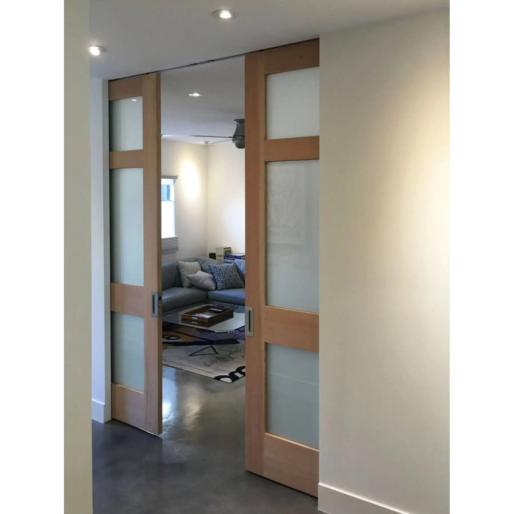 Interior Solid Wood 8ft Unfinished Shaker design Frosted Glass Pocket Sliding Doors