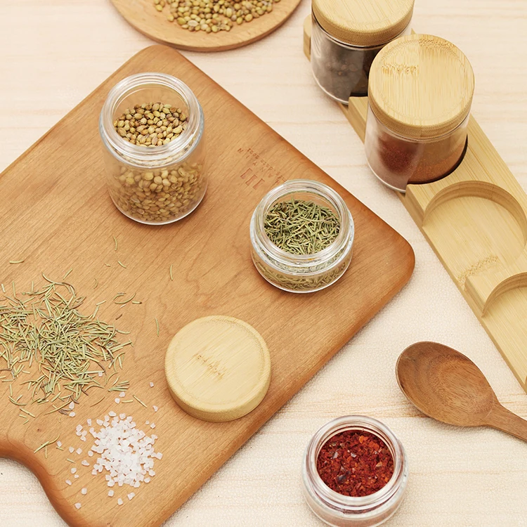 glass spice bottles diy spice jars set wooden wood spice rack organizer kitchen seasoning bottle with bamboo lid