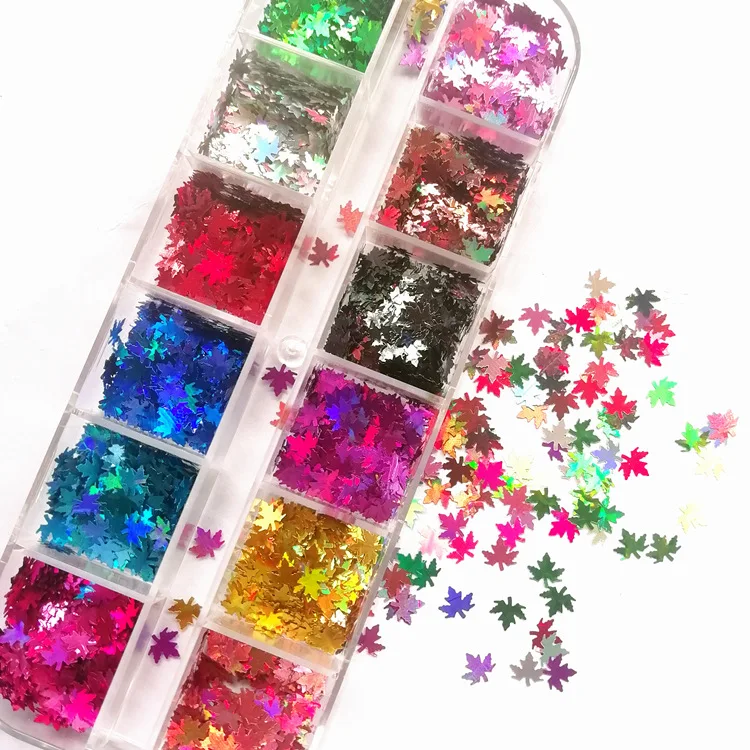 
12 Colors Maple Leaf Laser Sequin Ultra Thin Sequin For Nails Fall Art Stickers 