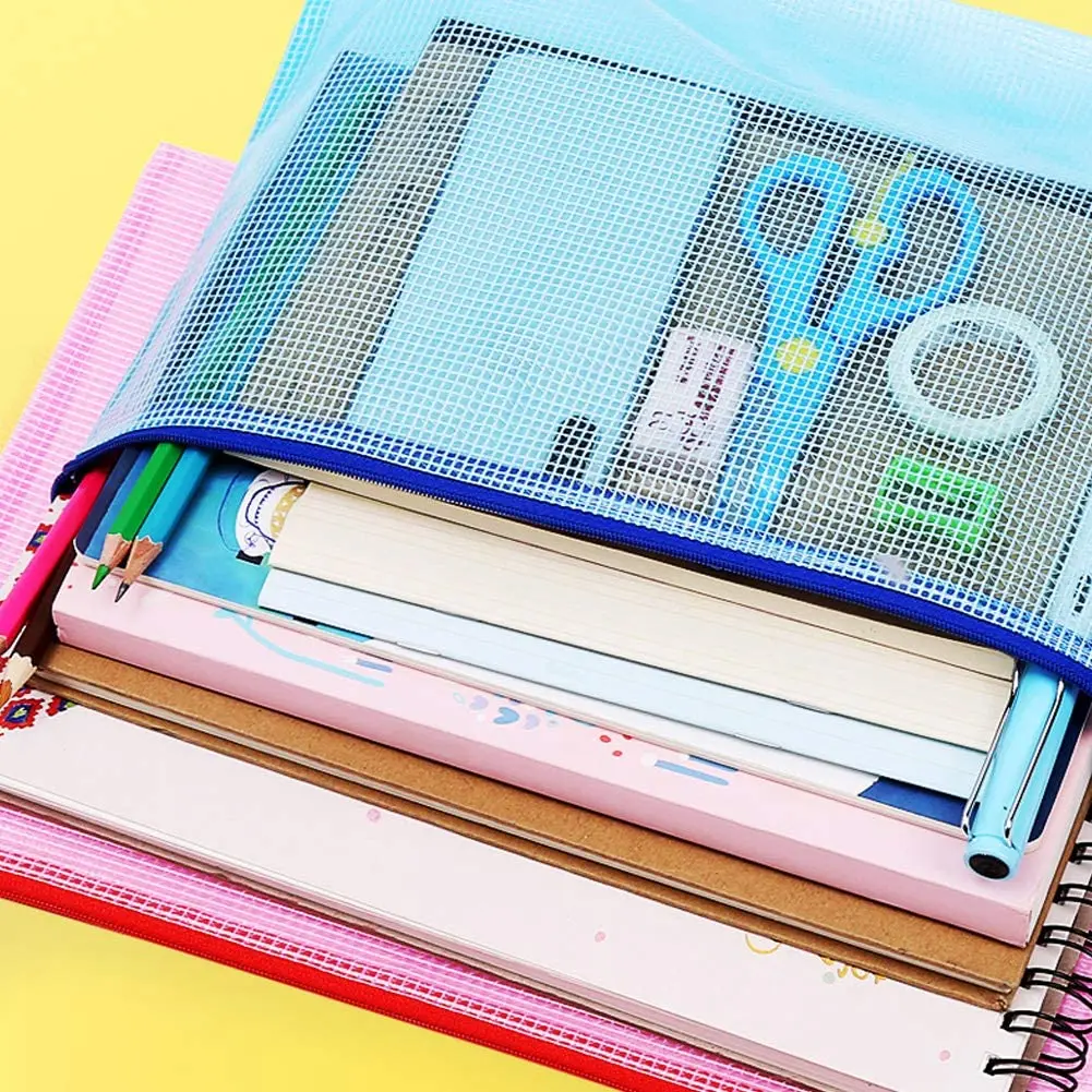 Mesh Zipper Pouch Document Bag Plastic Zip File Folders Letter Size A4 Size for School