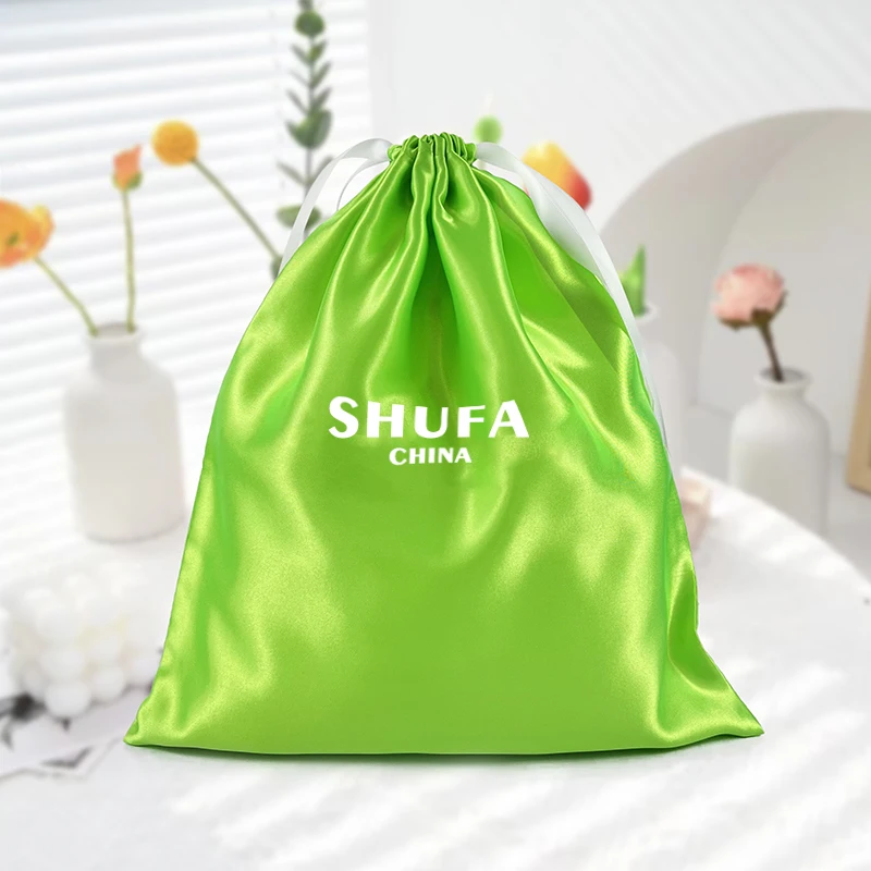 Custom Logo Silk Satin Drawstring Bag Green Fluorescence Satin Pouch with Screen Printing Luxury Dust bags for Shoes Handbags