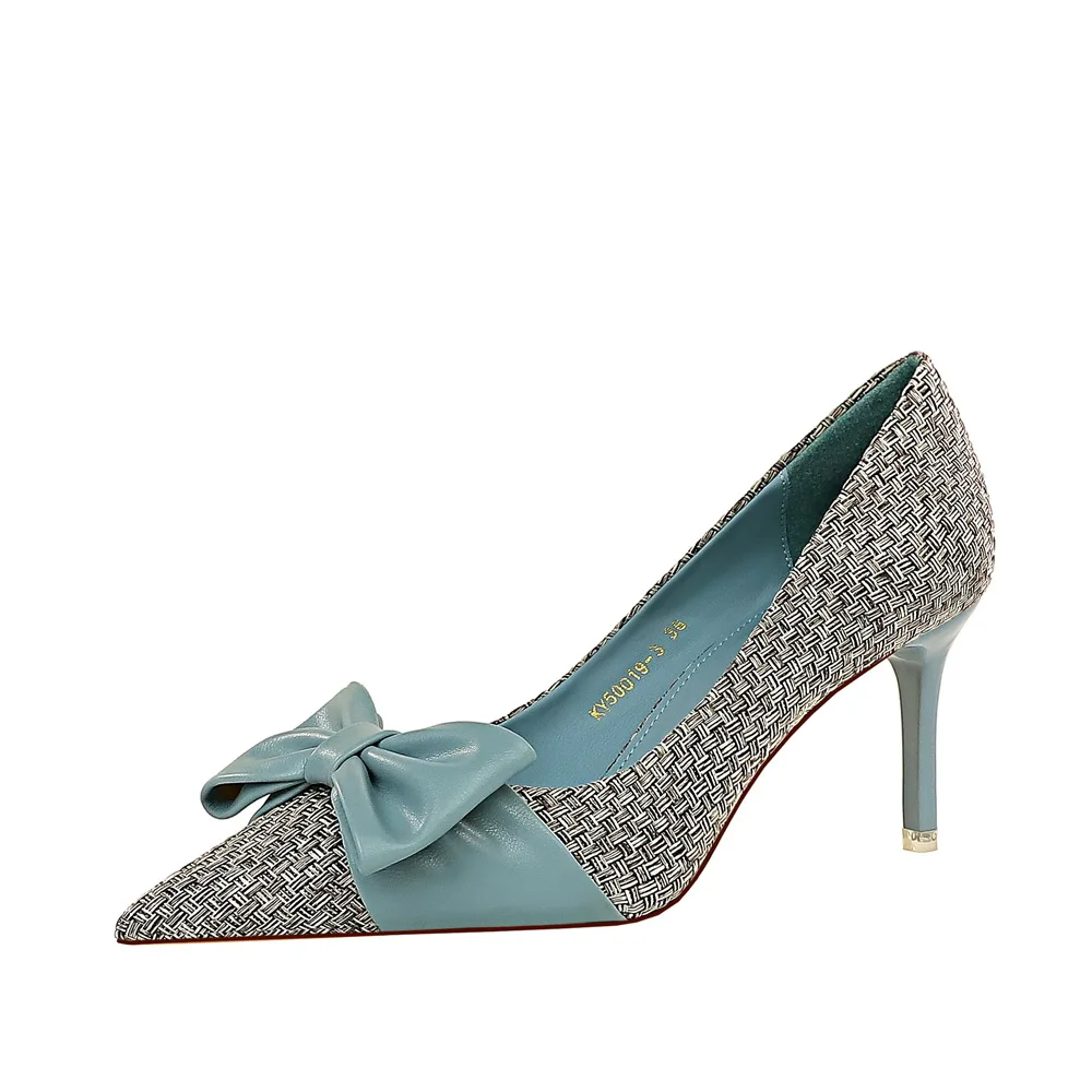 50019-3 BIGTREE модные милые женские туфли на высоком каблуке, вязаные туфли, туфли с закрытым острым носком и бантом на высоком каблуке