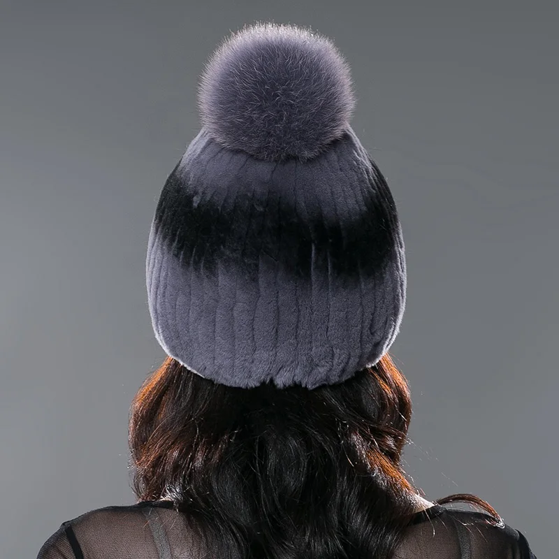 Real Rabbit Fur Hat Female Thick Warm Winter Hats For Women Fashion Luxury Knitted Beanie with Fur Pompom