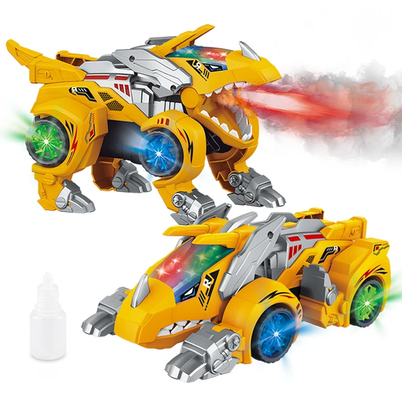 Wholesale light music two in one spray deformation universal dinosaurs cars toy robot deform robotic electric dinosaur car