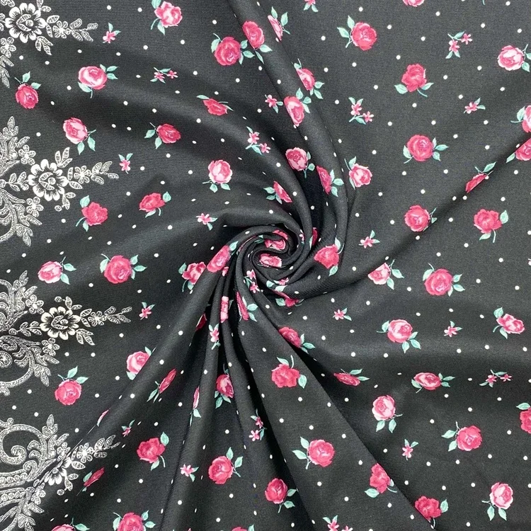 Wholesale price per meter lightweight flower design black one side satin blend 97 polyester 3 spandex fabric for apparel