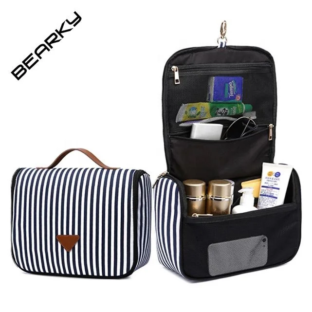 Canvas Travel Bathroom Blue Striped Ladies Women's Hanging Toy Case for Makeup