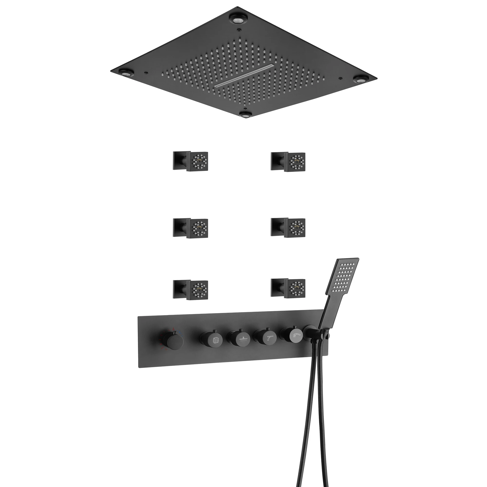 Luxury Thermostatic Big Shower Set LED Rainfall Waterfall Shower Head Massage Body Jets Handheld Shower