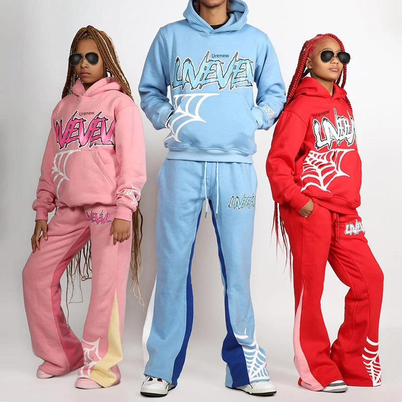 Custom Logo Unisex Tracksuit Sportswear for Mens Sweatsuits Crop Top Flared Sweatpants And Hoodie Set