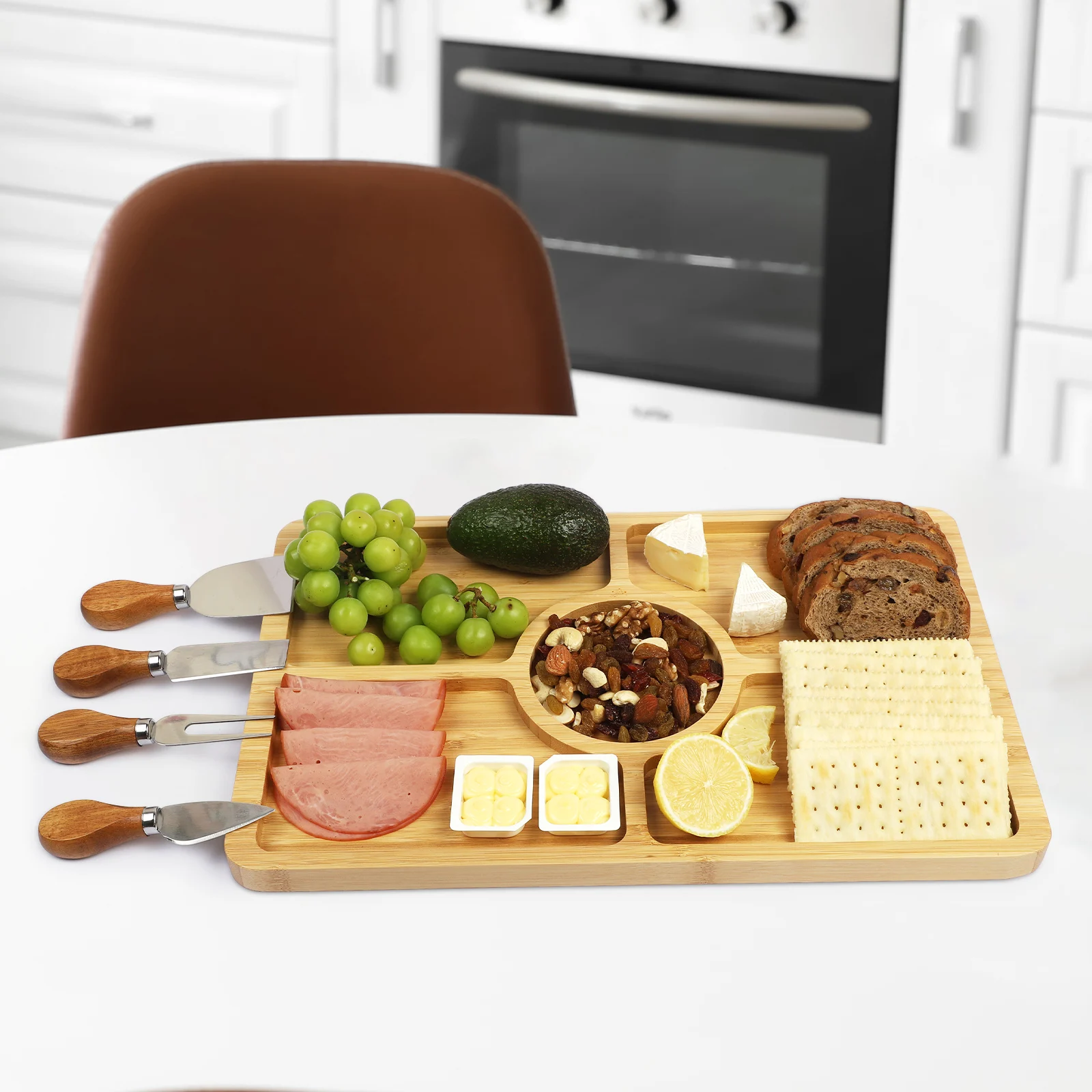 XH 2 Pack Charcuterie boards,Bamboo Cheese Board set with 4 pcs Knives, Cutting Boards Wood Party Serving Trays and Platters