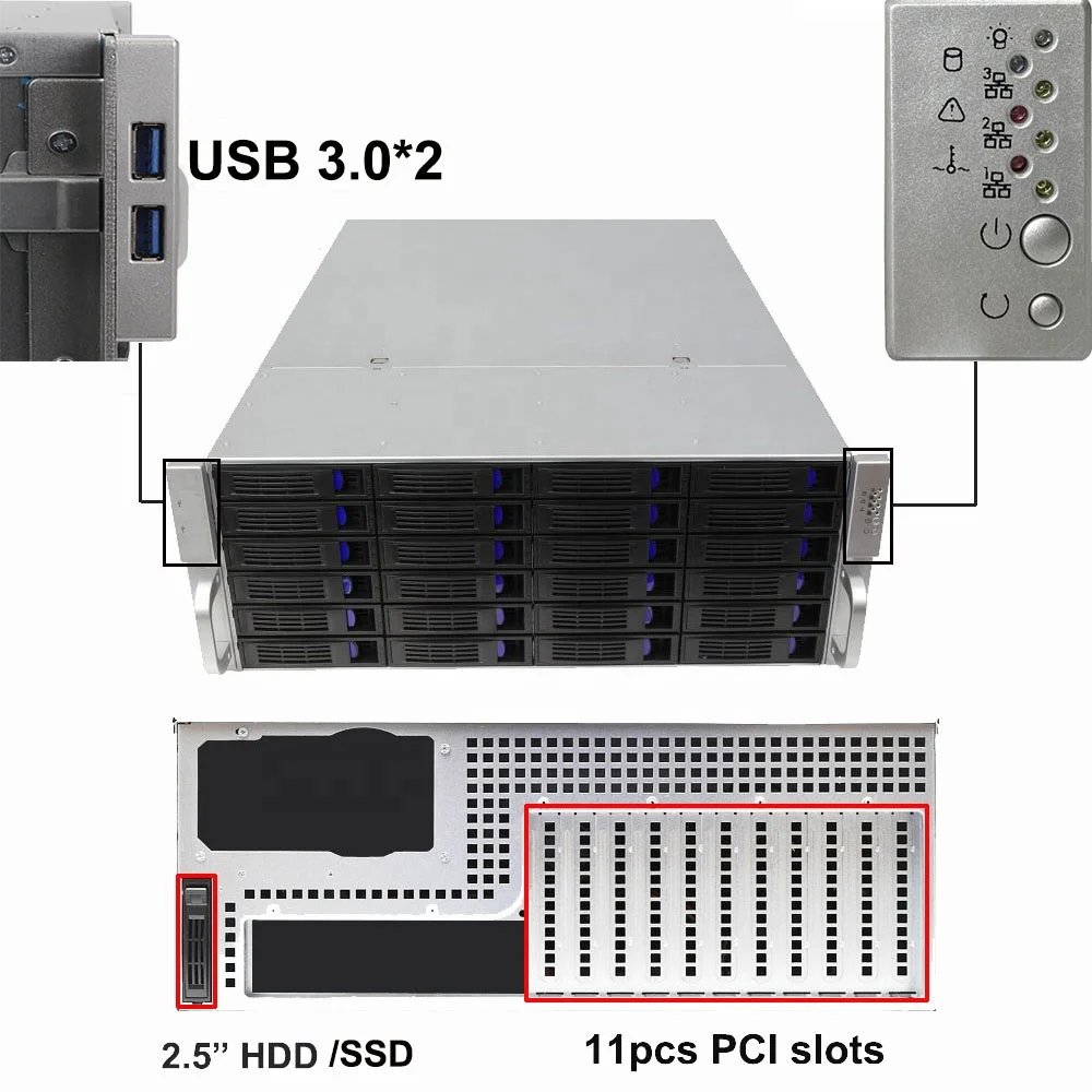 4U Rackmount Server case with 24+1 Hot-Swappable SATA/SAS Drive Bay, PCI Slots 11pcs