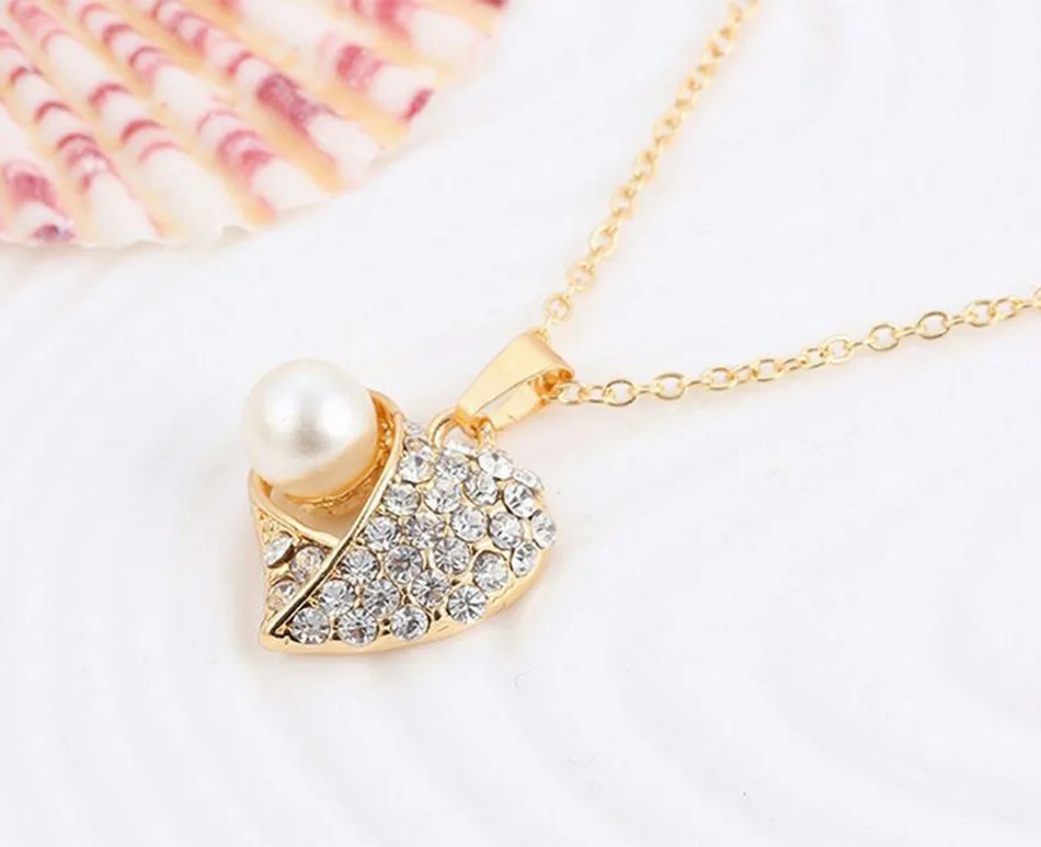 Latest Design  Women Jewelry And Accessories Fashion Earrings Necklace Wedding Bride Heart Shape Pearl Diamond Jewelry Set