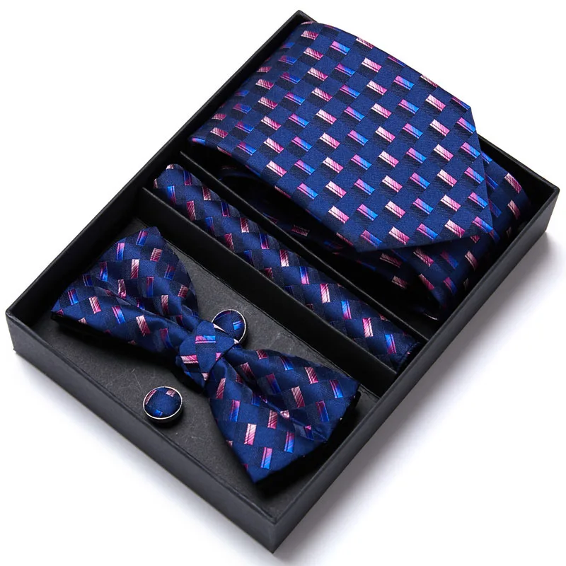 Mens Luxury Paisley Blue Silk Tie Pocket Squre Cufflinks Bowtie Set in Gift Box For Men Gift