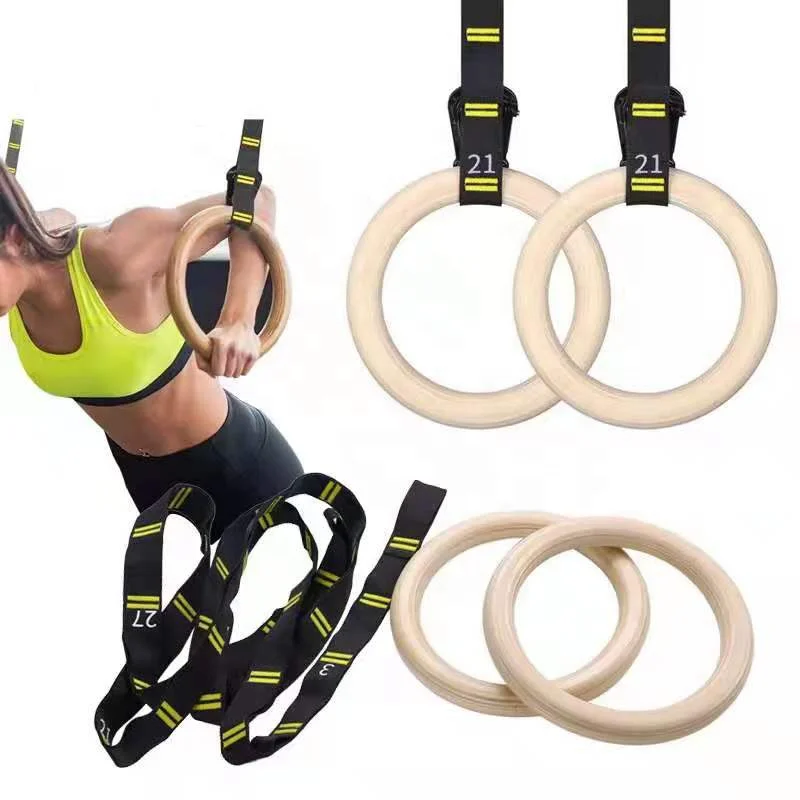 32mm Amazon hot sale Fitness Strength Training High Quality Wooden Gymnastic Ring Wood with Adjustable Scale Nylon straps