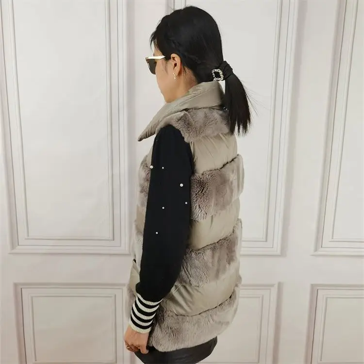MONETCAT Real bunny fur coats for women winter sweater down and rex vests