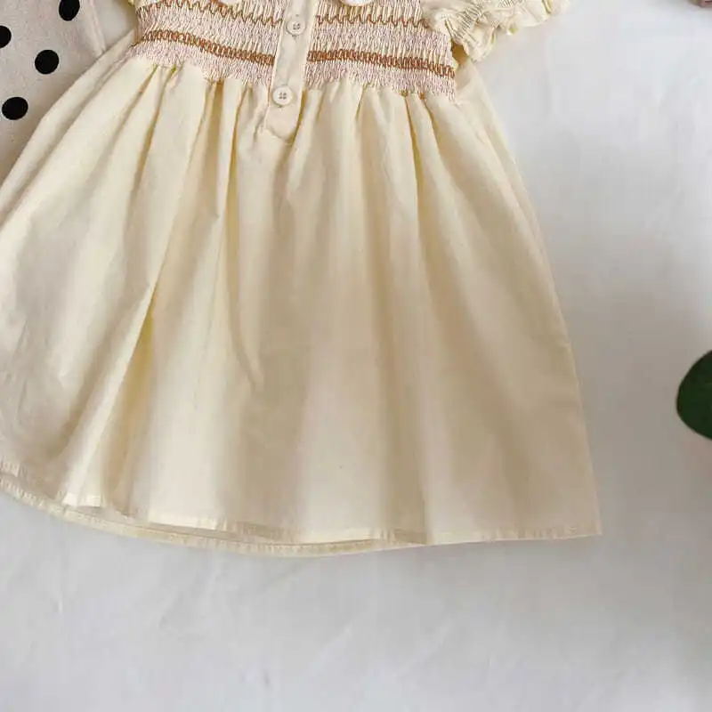 Baby Clothes Summer Kids Bishop Smocked Floral Dress Embroidered Collar Cute Girls Casual Dresses