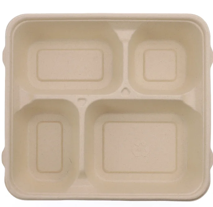 100% Biodegradable Bagasse 4 Compartment Take out Box Sugarcane Pulp Tableware