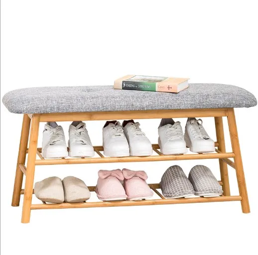 New Arrival Shoes Bench Rack with Seat Cushion Bamboo 3 Tier Multi-functional For Bedroom Front Door