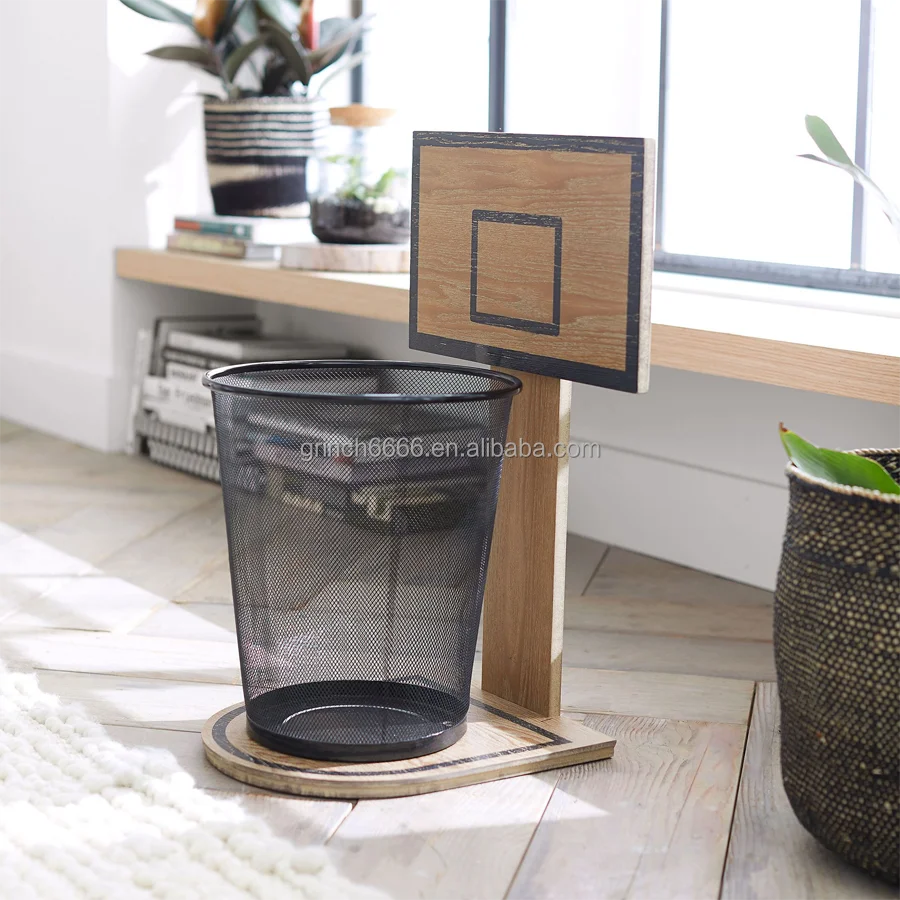 Basketball Hoop Trash Can Wood Basketball Garbage Can Wooden Basketball Hoop Basket Net Trash Can Wastebasket Trashcan