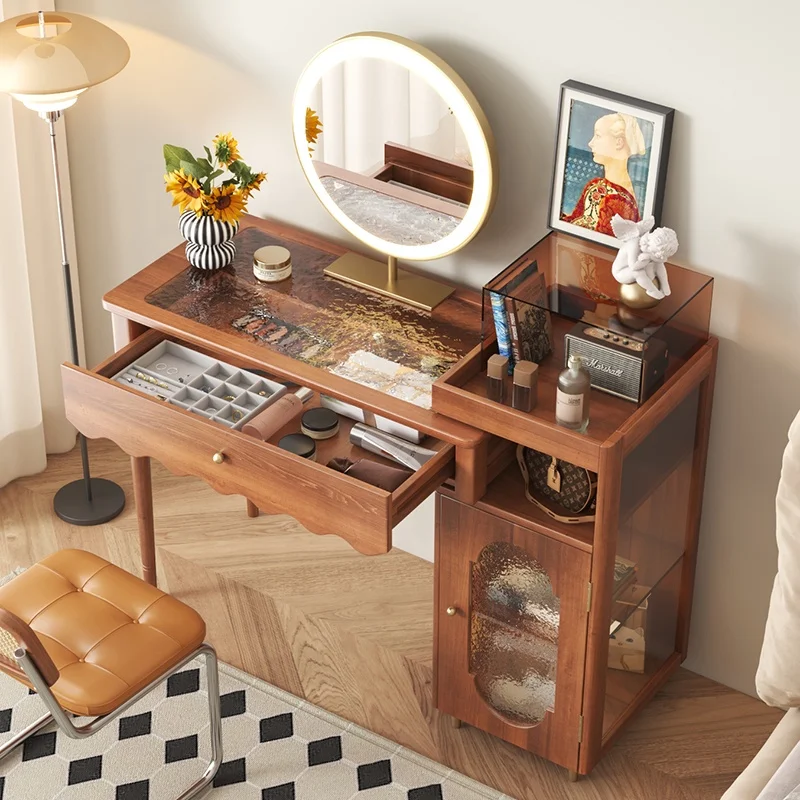 Vintage Telescopic Vanity Table Glass Top Smart LED Mirror Bedroom Dresser Solid Wood Makeup Dressing Table