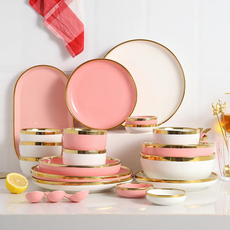 Wholesale Pink White Bone China Restaurant Ceramic Plates And Bowls Dinnerware Set For 6 People