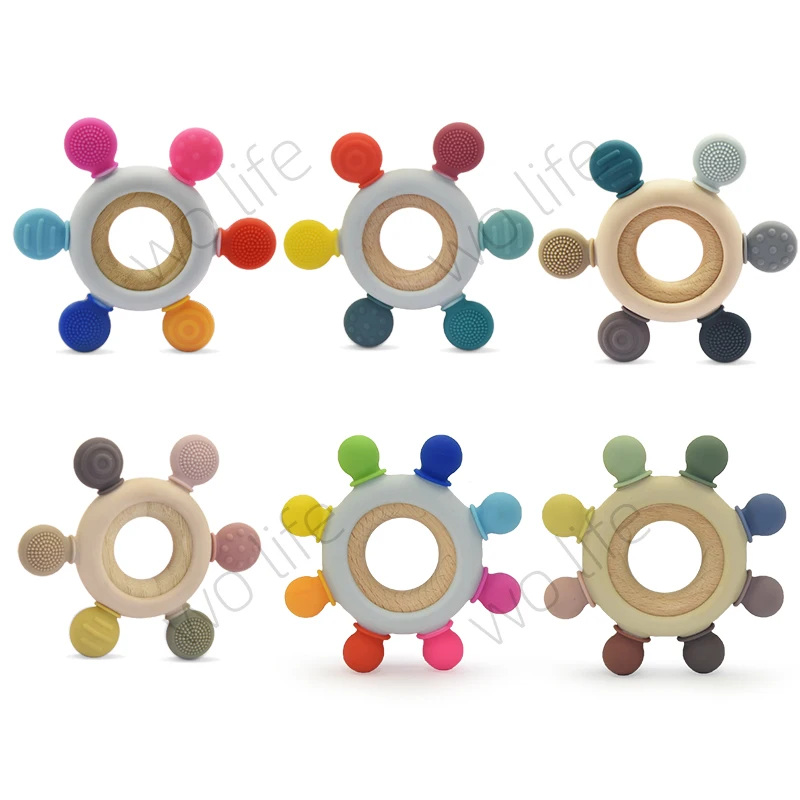 New design wholesale colourful silicone wooden ring teether beech wood rainbow teething toy baby sensory toys BPA free