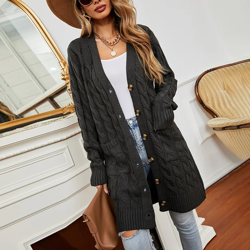 RTS Wholesale Button Down Pocketed Knit Fall Winter Long Cardigan Sweater For Ladies