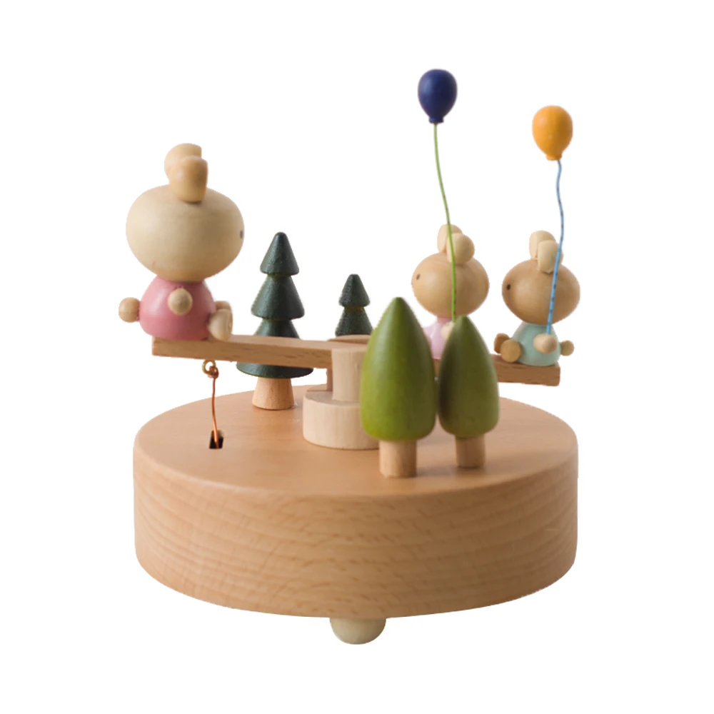 Inexpensive Wholesale Musical Box Cute Animal Seesaw Wooden Music Box For Children