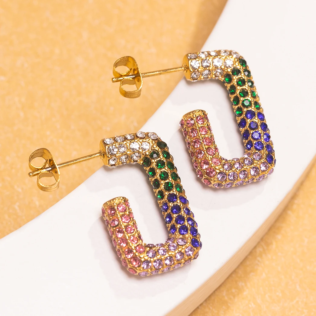 Waterproof Jewelry 18K Gold Plated Triangle Shape Design Geometric Earring Stainless Steel Colors Zircon Inlaid Women Earrings