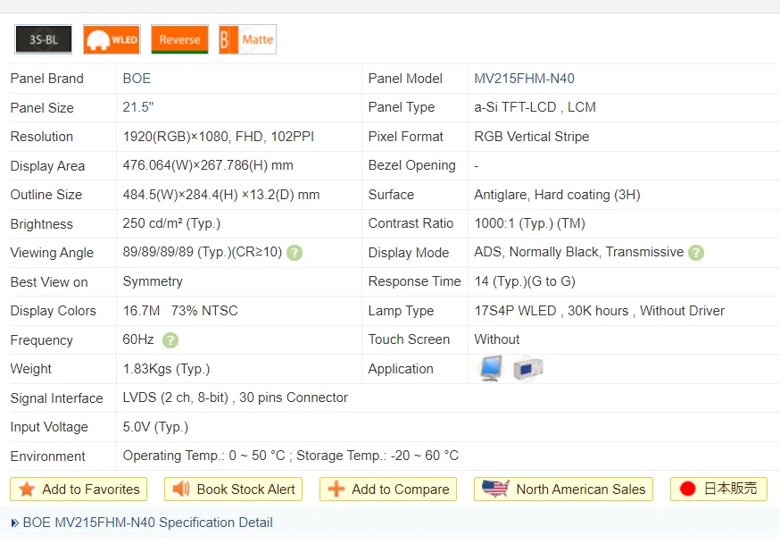 MV215FHM-N40 Boe 21.5 Inch Mipi Interface Tft-lcd Module 1920x1080 Resolution Display Panel