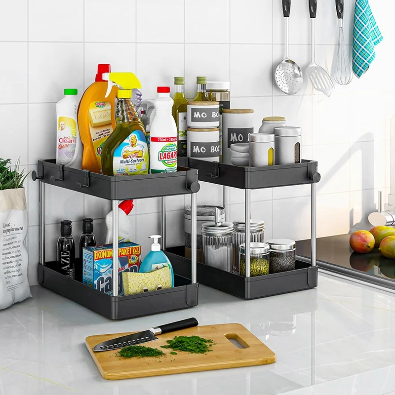 2 Pack Under Sink Organizer 2 Tier Under Sink Storage Organizer with Hooks and Hanging Cups for Bathroom,Kitchen Multi-Purpose S