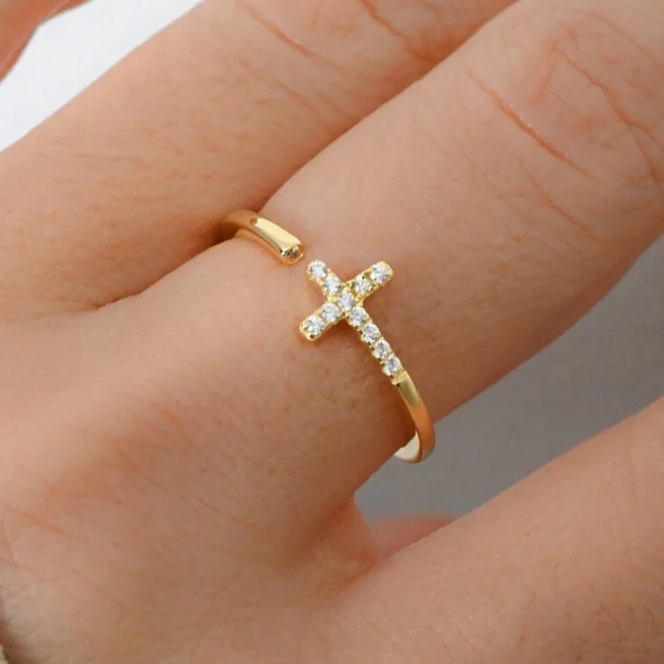 dainty christian silver jewelry 925 sterling silver cubic zirconia stackable sideway cross ring wholesale