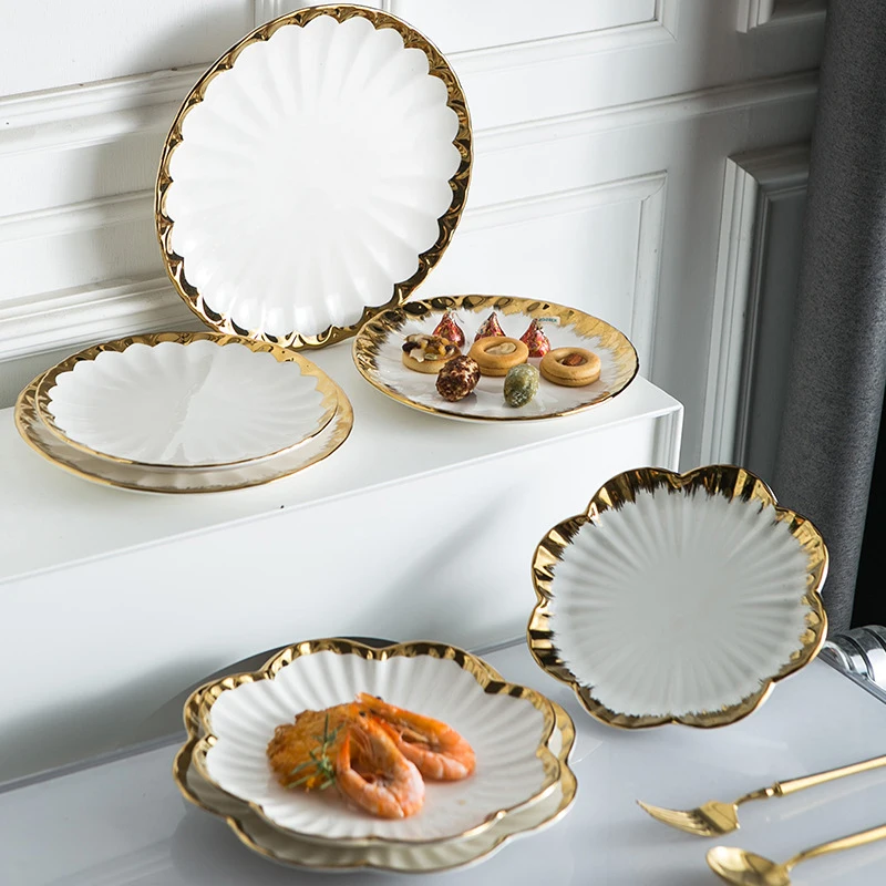 European Style Luxury Ceramic Serving Plates Dishes Gold Rim White Dinner Plates Tableware 8/9/10 Inch Porcelain Dishes & Plates