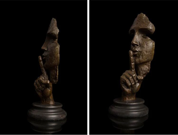 DS-704 Bronze Statue Man Face Keep Silence Sculpture Novelty Vintage Art Human Head Bust Figurine for Home Decoration Desktop Di