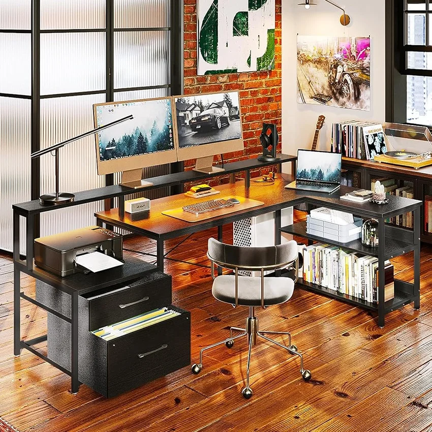 High Quality Wholesale Gaming Desks L Shaped With Led Lights Computer Desk Full-sized Monitor Shelf L Shaped Gaming Table