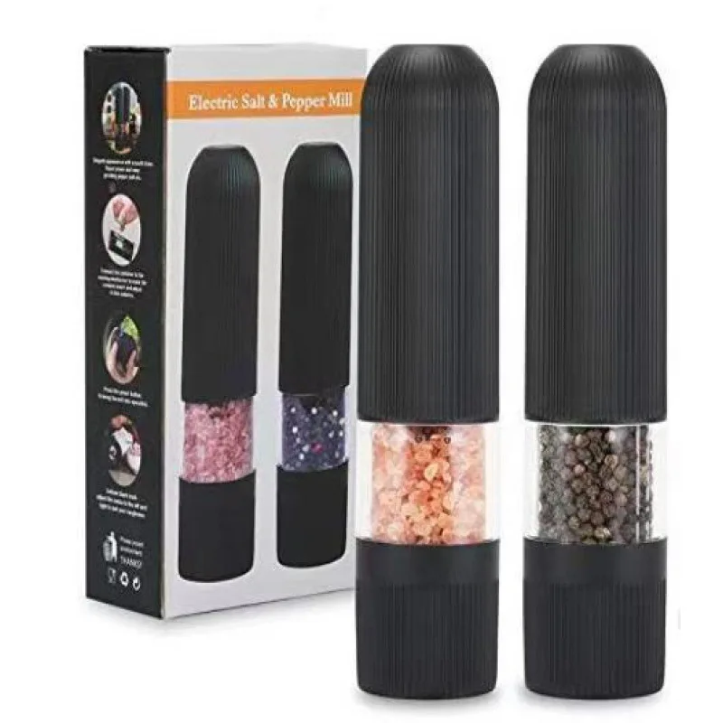 
High end 2 piece Automatic Electric Dry Plastic Spice Salt And Pepper nutmeg Grinder Mills set with stripe PP shell shaker 