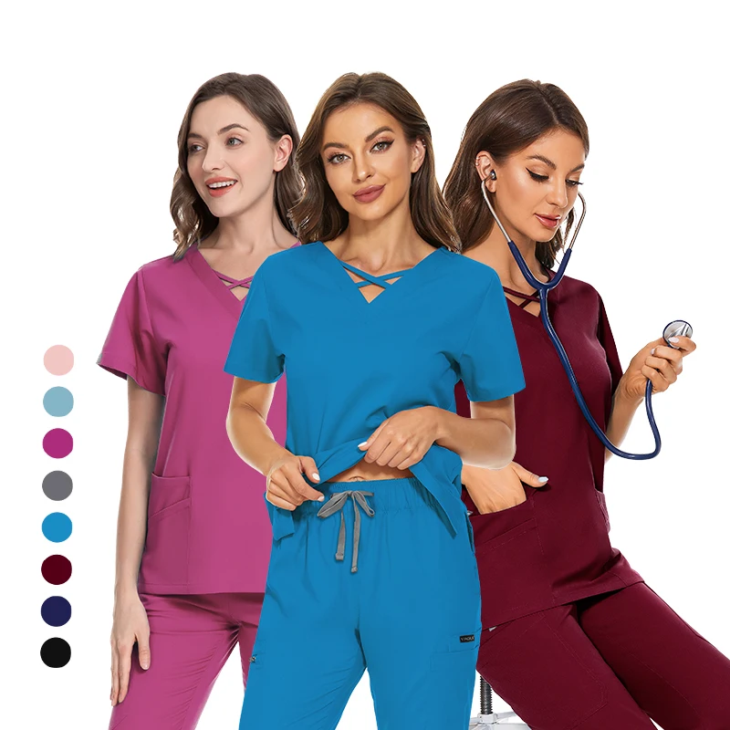 2024 Hot Selling Stylish Burgundy Navy Blue Medical Scrubs Womens Scrub Nursing Polyester Stretchy Hospital Uniforms