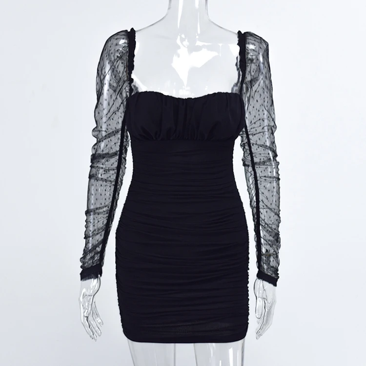 
Square Collar Black Solid Color Long Sleeve Ruched Sexy Club Dresses Mesh Dress Mini Summer Dresses Women Bodycon 