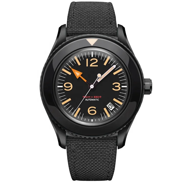 Custom Logo 5Bar Waterproof Transparent Back Men Clock NH35 Automatic Winding Mechanism Durable Canvas Band Black Cool Watch