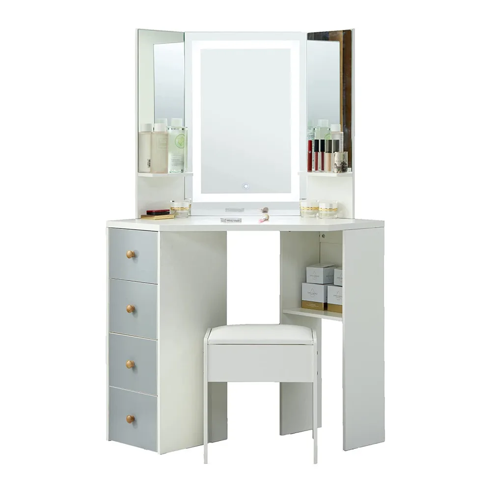 Bedroom Furniture Corner Vanity Set Makeup Dressing Table with Three-Fold Mirrors LED Touch Mirror and Cushioned Stool