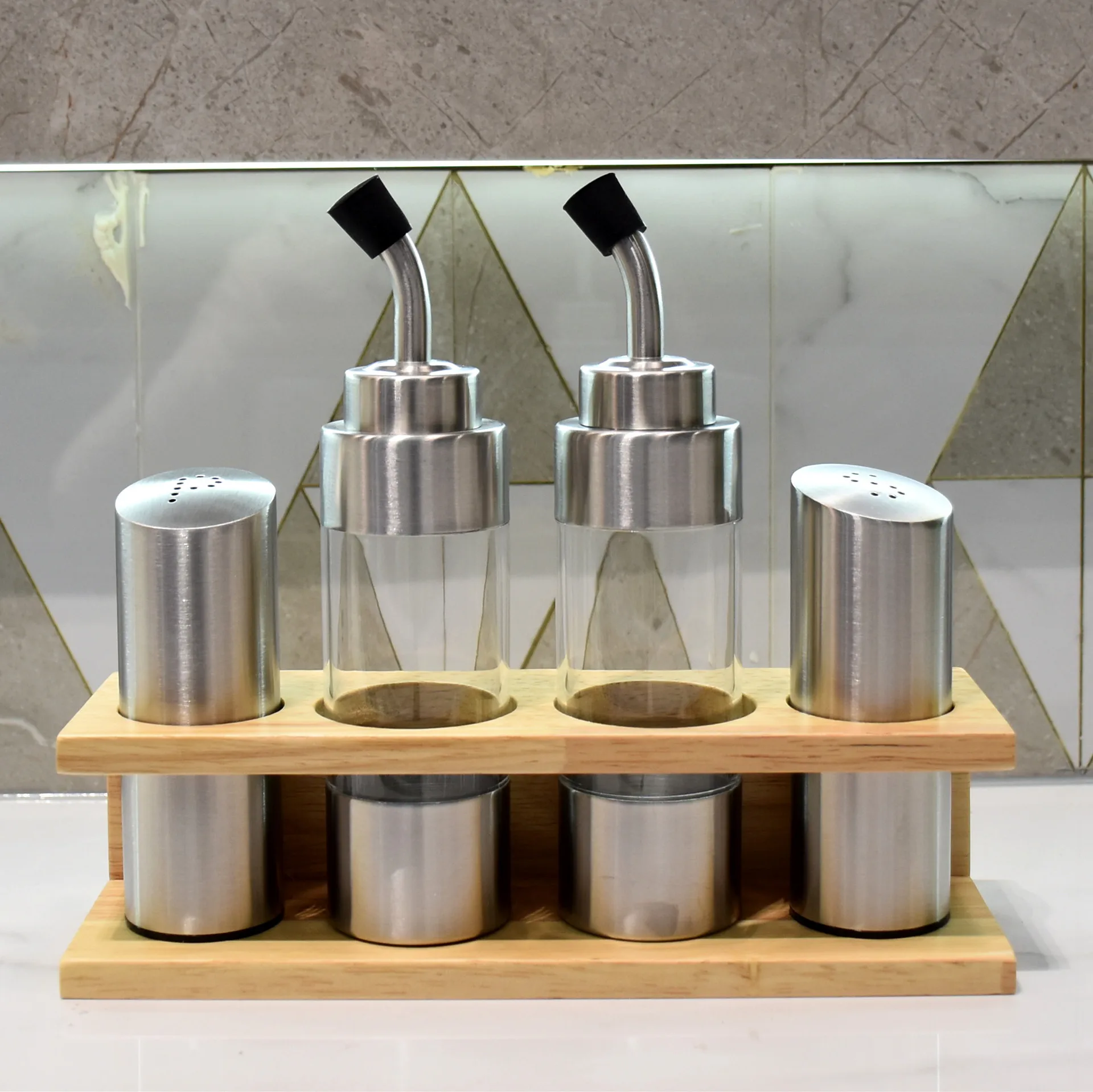 Kitchen season Glass Oil and Vinegar Dispenser with wooden stand set 2 PCS Oil and Vinegar Cruets and 1 Storage Stand