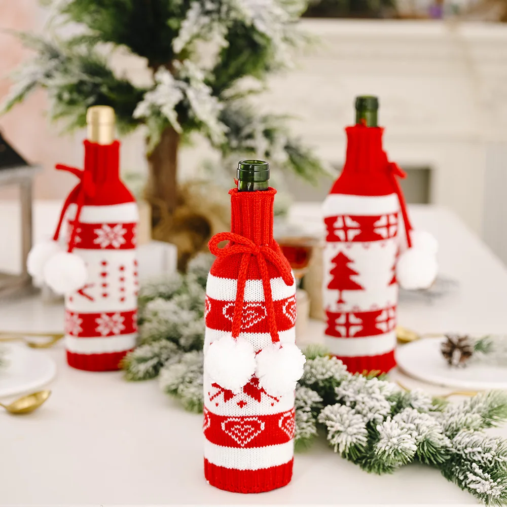 Christmas Red Wine Bottle Covers Handmade Knit Sweater Champagne Bags Reusable Wine Gift Bags For Christmas Birthday Decorations